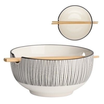 NOODLE BOWL  WHITE/BLUE 7" W/CHOPSTICKS