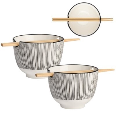 NOODLE BOWL SET2 5" W/CHOPSTICKS BLK/WHT