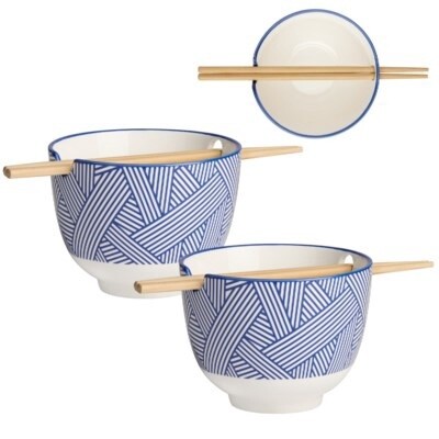 NOODLE BOWL SET2 W/CHOPSTICKS BLUE/WHT