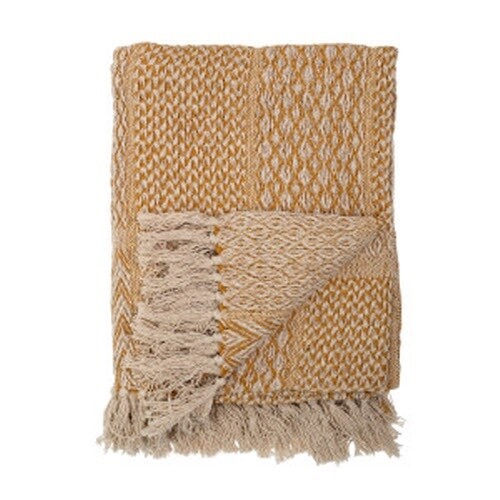 63"L x 51"W Cotton Blend KnitThrow w/ Fringe,Yellow Pattern