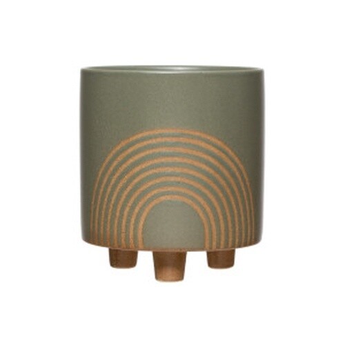 5-1/2" Round x 6"H Stoneware Planter w/ Rainbow, Green (Holds 5" Pot)