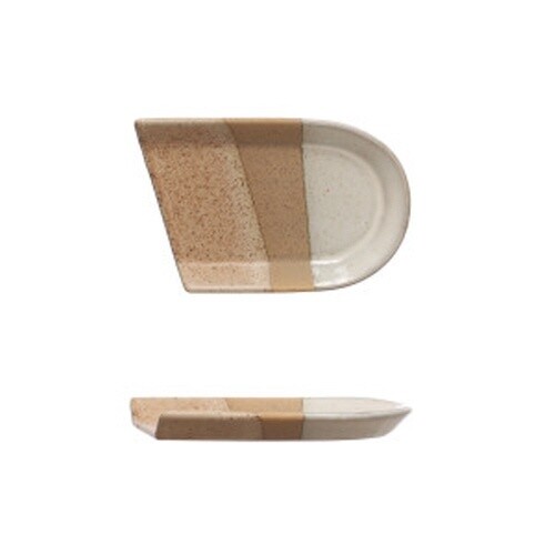 5"L x 3-1/4"W Stoneware Spoon Rest, Reactive Glaze, Tan Color &amp; White