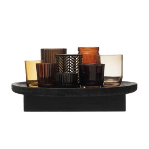 12-3/4" Round x 5-3/4"H Embossed Glass &amp; Metal Tealight/Votive Holders with Paulownia Wood Tray, Amber Color &amp; Black, Set of 9