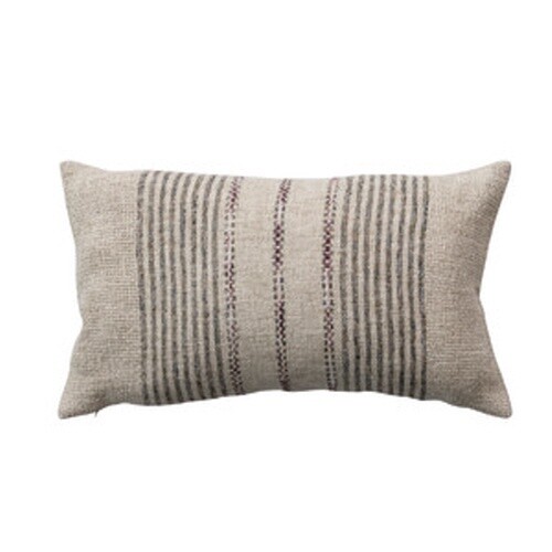 20"L x 12"H Cotton &amp; Linen Blend Lumbar Pillow w/ Embroidered Stripes, Natural, Black &amp; Aubergine Color