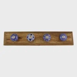 BLUE AND WHITE DECORATIVE COAT HOOKS WOODEN BASE