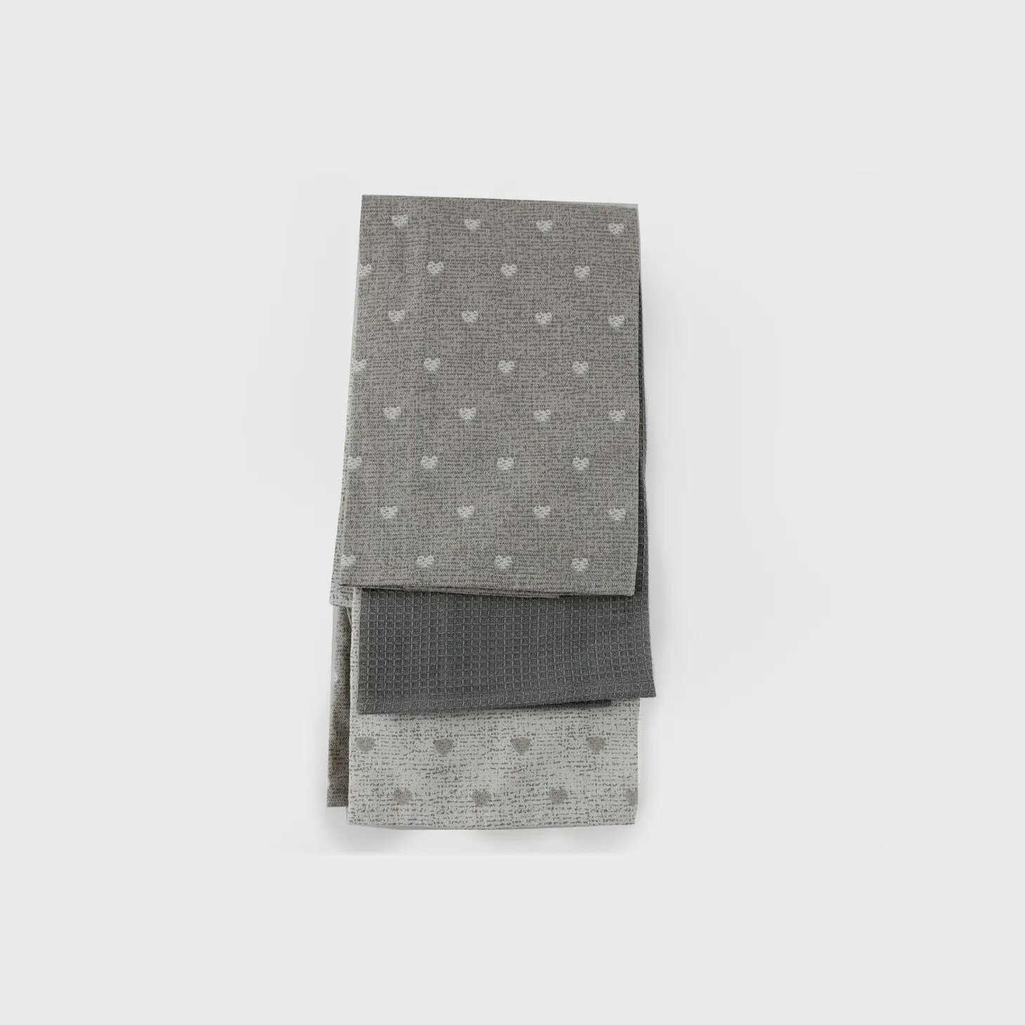 PACK OF 3 TEA TOWELS GREY HEART PRINT