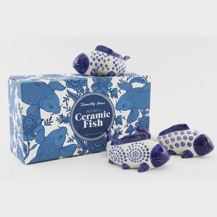 Set of 3 Blue Koi Fish Ceramic Ornaments Willow Design