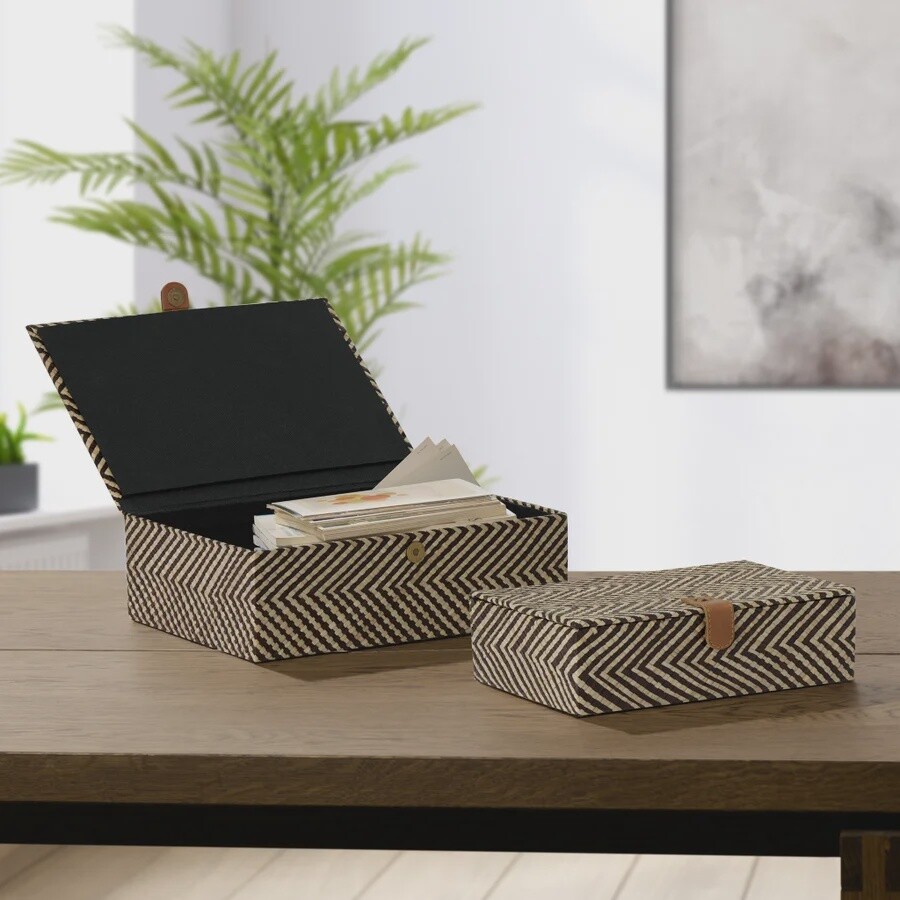 Pandan Chevron Design Two Piece Leather Closure Storage Box Set