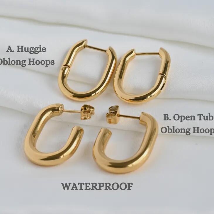 18K GOLD OBLONG HUGGIE HOOPS