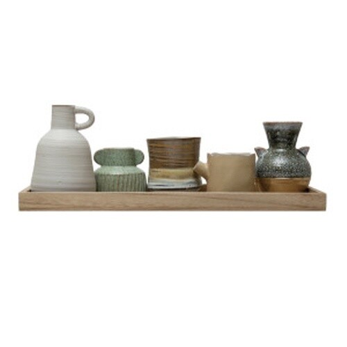 MANGO WOOD TRAY SET WITH 3VASES/2PLANTERS