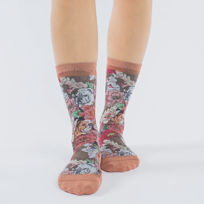 WOMENS SOCKS FLORAL BULLDOG