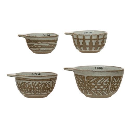 Stoneware Measuring Cups w/ Wax Relief Pattern, White, Set of 4