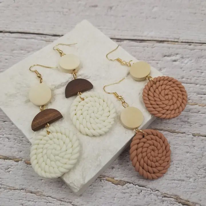 WOOD AND CLAY DROP EARRINGS 2COLOURS