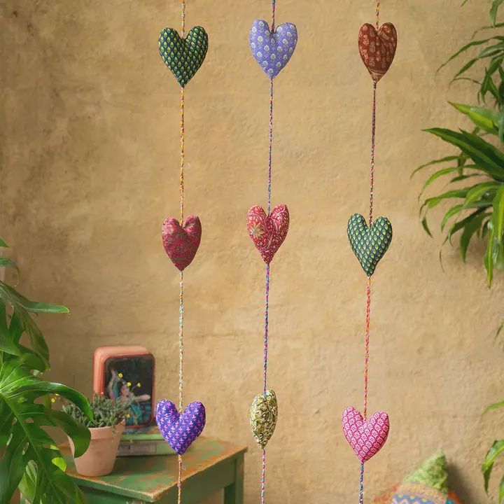 Hanging Recycled Sari String 3 Hearts