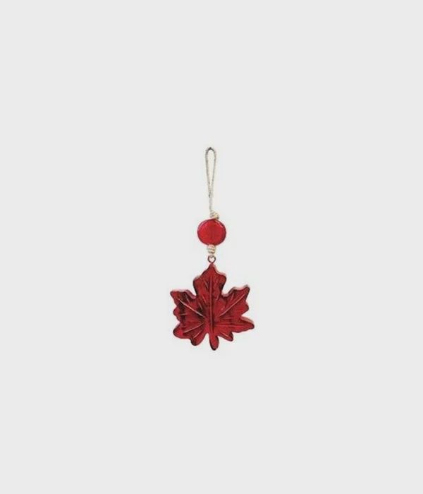 Mango Wood Ornament Maple Leaf Red