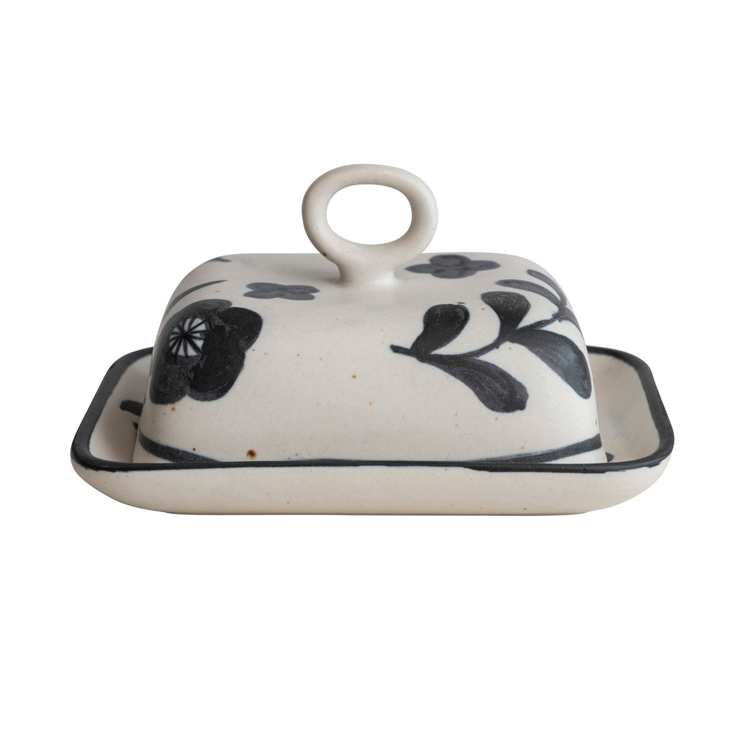 BLACK AND BEIGE STONEWARE BUTTER DISH