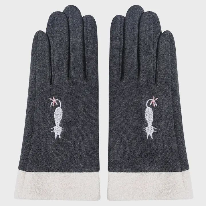 Memories Grey Gloves with Cat Embroidery
