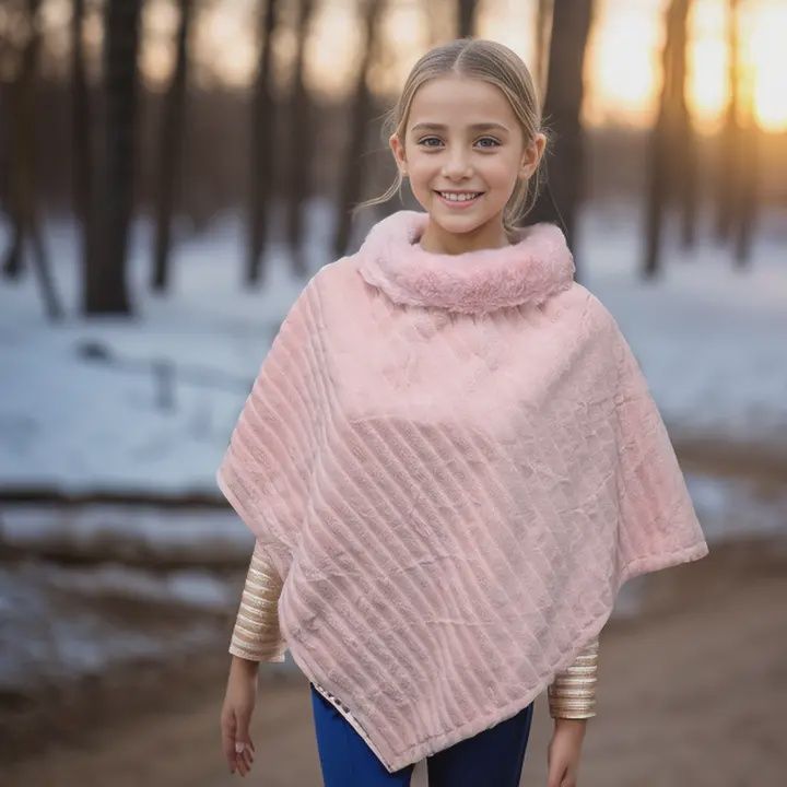 Kids Faux Fur Poncho Pink