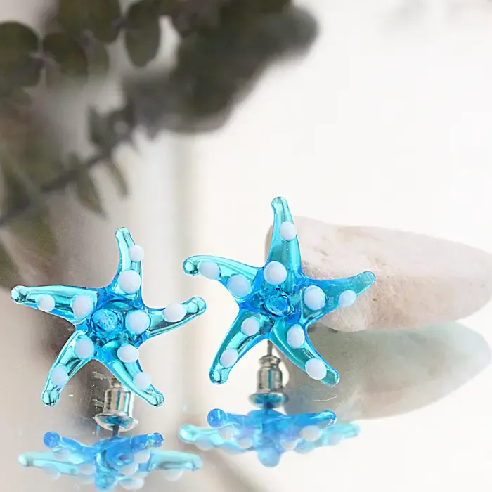 Earrings murano glass blue starfish hand blown
