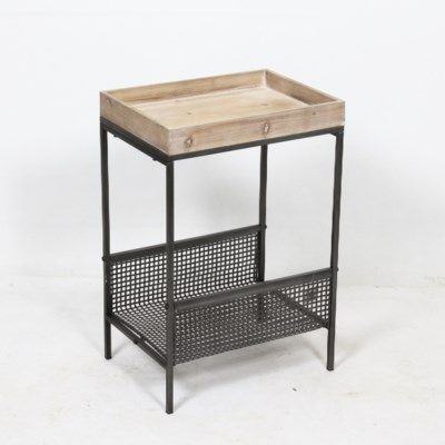 LIGHT WOOD AND BLACK METAL END TABLE