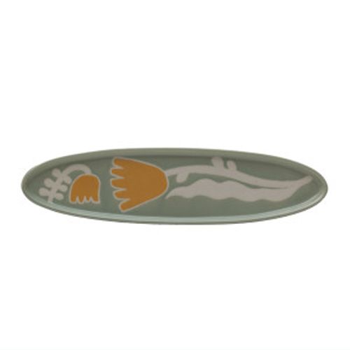 OVAL HAND-PAINTED STONEWARE TRAY W/ WAX RELIEF FLOWERS, MULTI COLOR