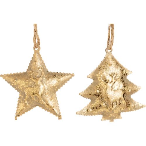 Asst'd antique gold foil embossed metal tree and star ornaments, deer scene, 1.5