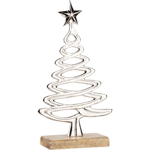 Cast metal contemporary tree, shiny silver finish on solid wood base 9 INCH