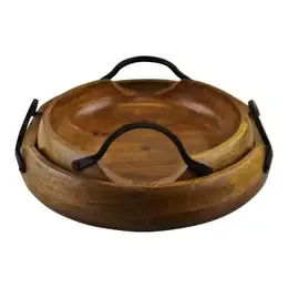 ST OF MANGO WOOD BOWLS WITH METAL HANDLES