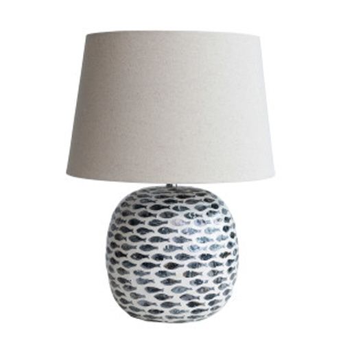 14" Round x 19-1/4"H Capiz &amp; Bamboo Table Lamp w/ Fish Pattern &amp; Linen Shade,