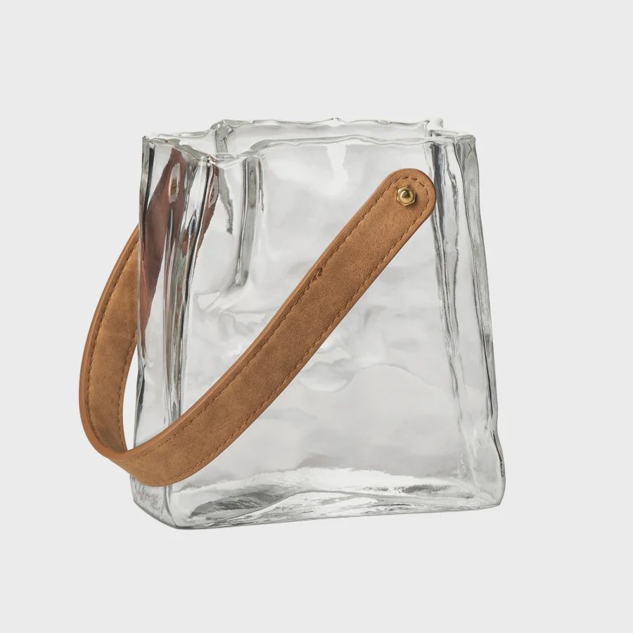 HANDBAG VASE WITH FAUX LEATHER HANDLE, Colour: CLEAR, Size: SMALL