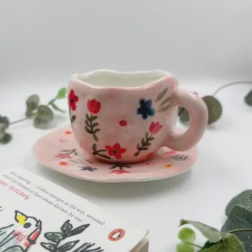 PINK FLOWER CERAMIC MUG WITH SAUCER, Colour: PINK