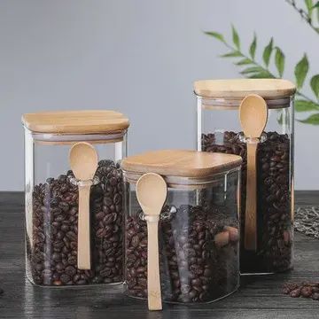 BAMBOO LID GLASS CONTAINERS WITH SPOON ASST., Size: SMALL