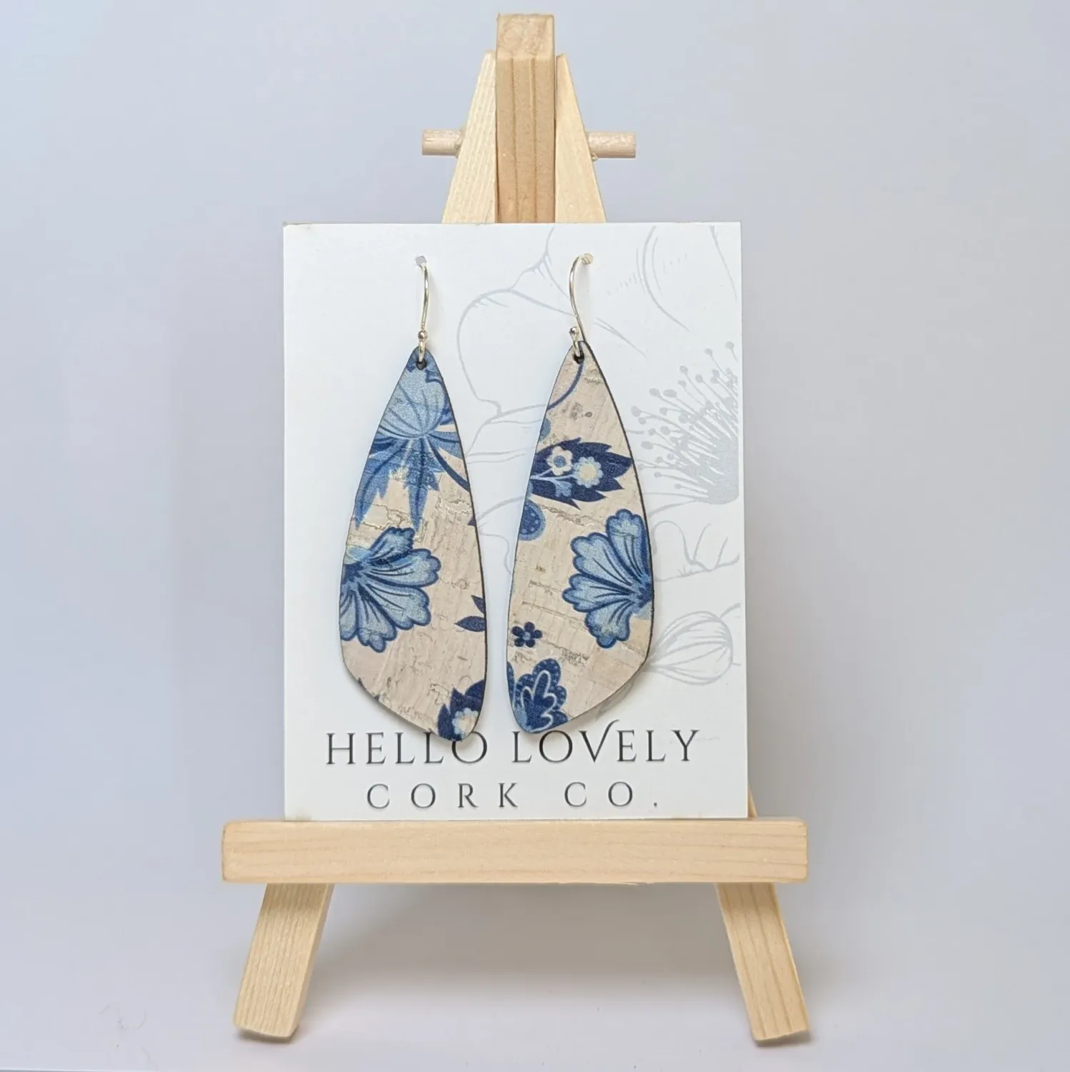 Cork Earrings - Small Wing, Colour: Blue and White Floral