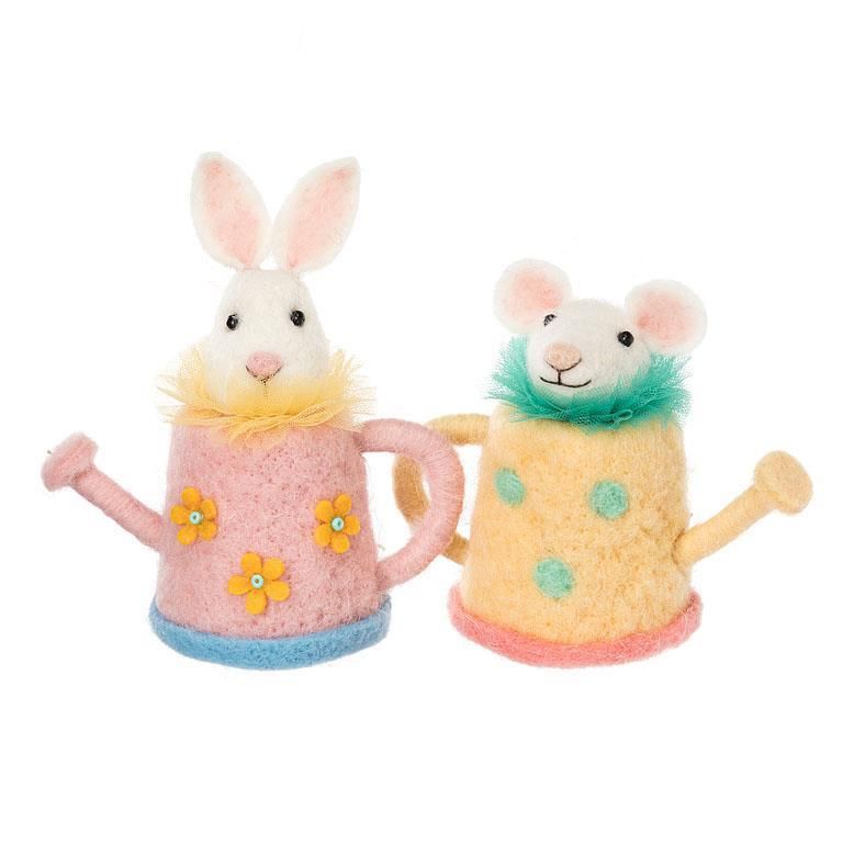 Felted Bunny + Mouse in Watering Cans Assorted