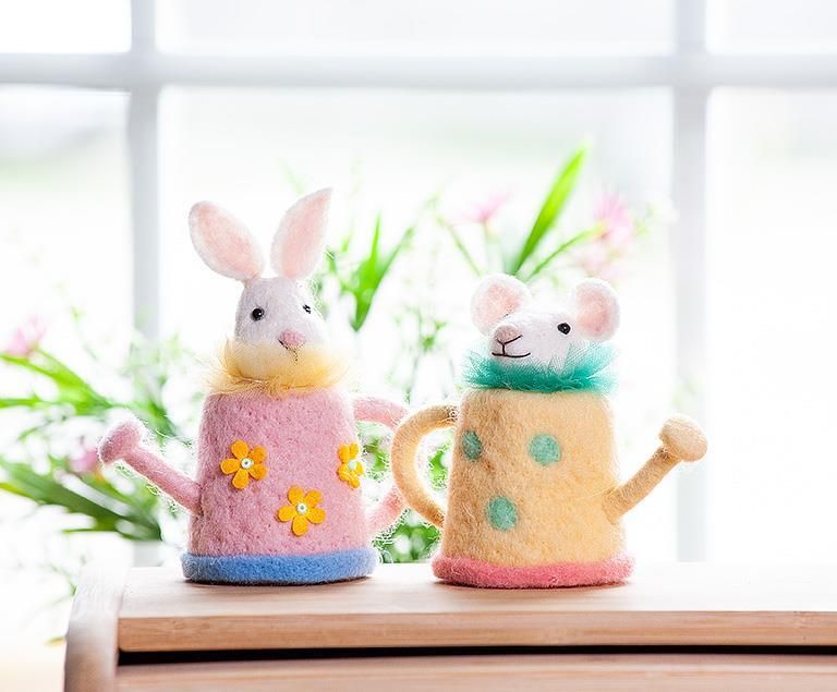 Felted Bunny + Mouse in Watering Cans Assorted