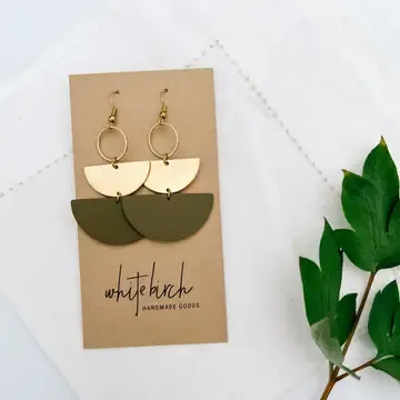 GREEN LEATHER + BRASS STACKED HALFMOON DANGLES