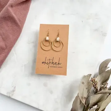 BIEGE LEATHER OVAL + DOUBLE BRASS CIRCLE EARRINGS