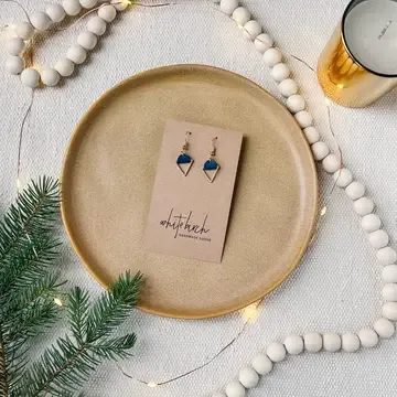 NAVY LEATHER + BRASS TRIANGLE EARRINGS