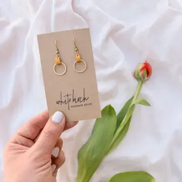 MUATARD LEATHER + SMALL BRASS CIRCLE EARRINGS