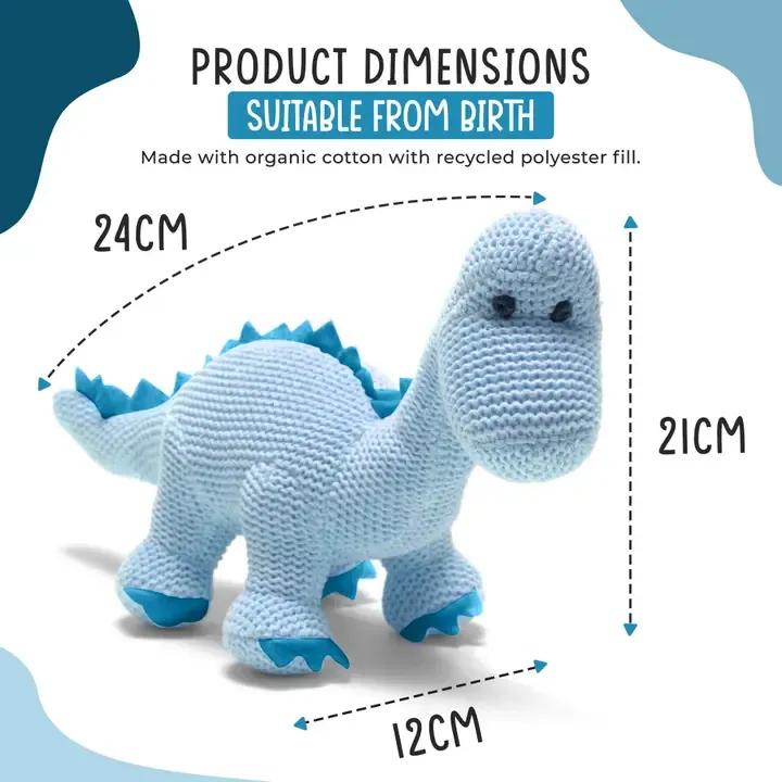 Knit Blue Dino Baby Rattle