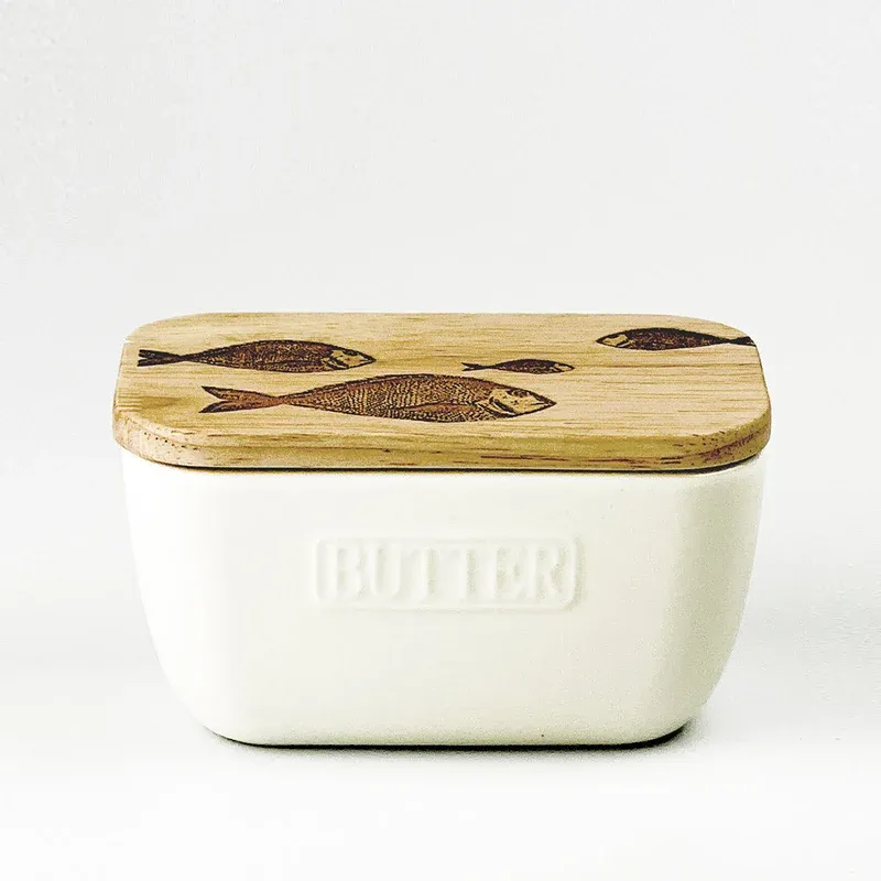 Selbrae House Butter Dish Fish Repeat White