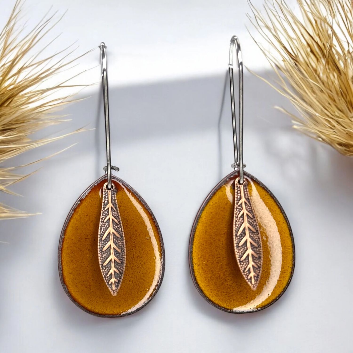 Leaf Teardrop Earrings, Colour: Amber
