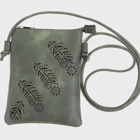 Memories Leather Feathers Crossbody Purse, Colour: Olive