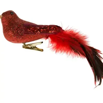 RED GLITTER FEATHER CLIP ON BIRD 7"
