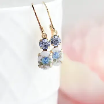 Tiny Blue Floral Cameo Earrings