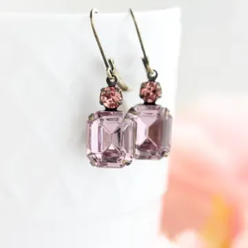 Glass Rectangle Drop Earrings Dusty Rose