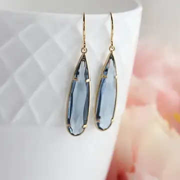 Long Teardrop Earrings Navy Blue Gold