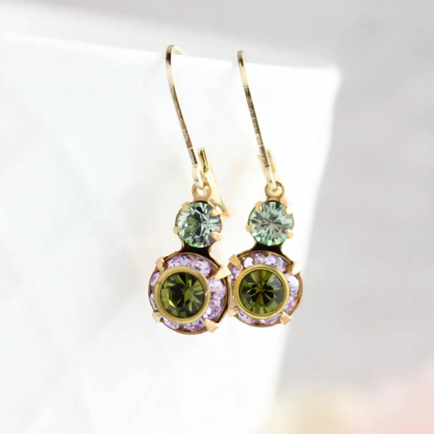 Art Deco Floral Earrings Green &amp; Light Purple