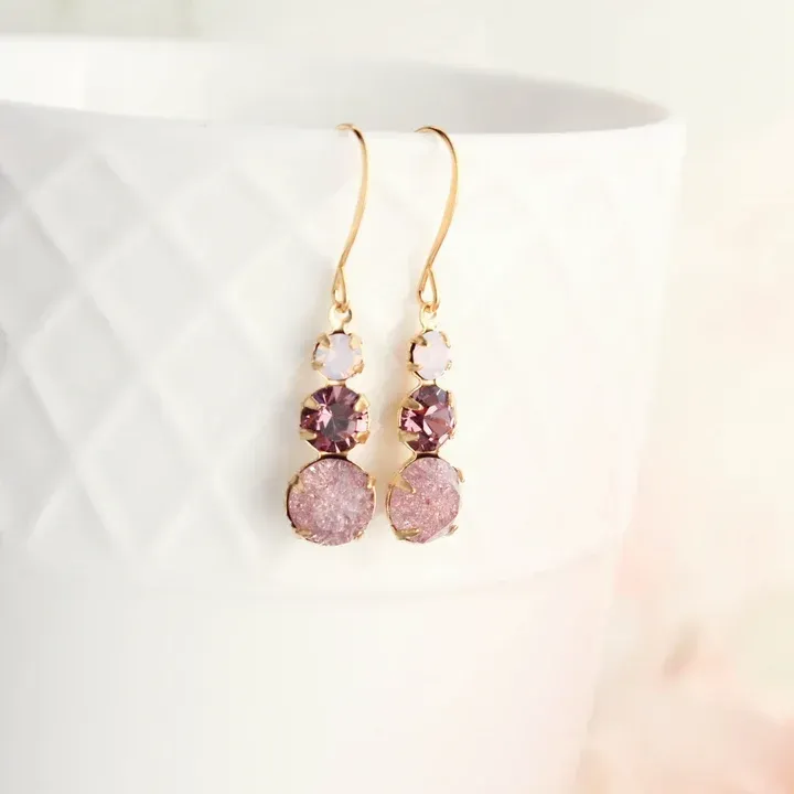 Three Jewel Circle Earrings Rose Plum