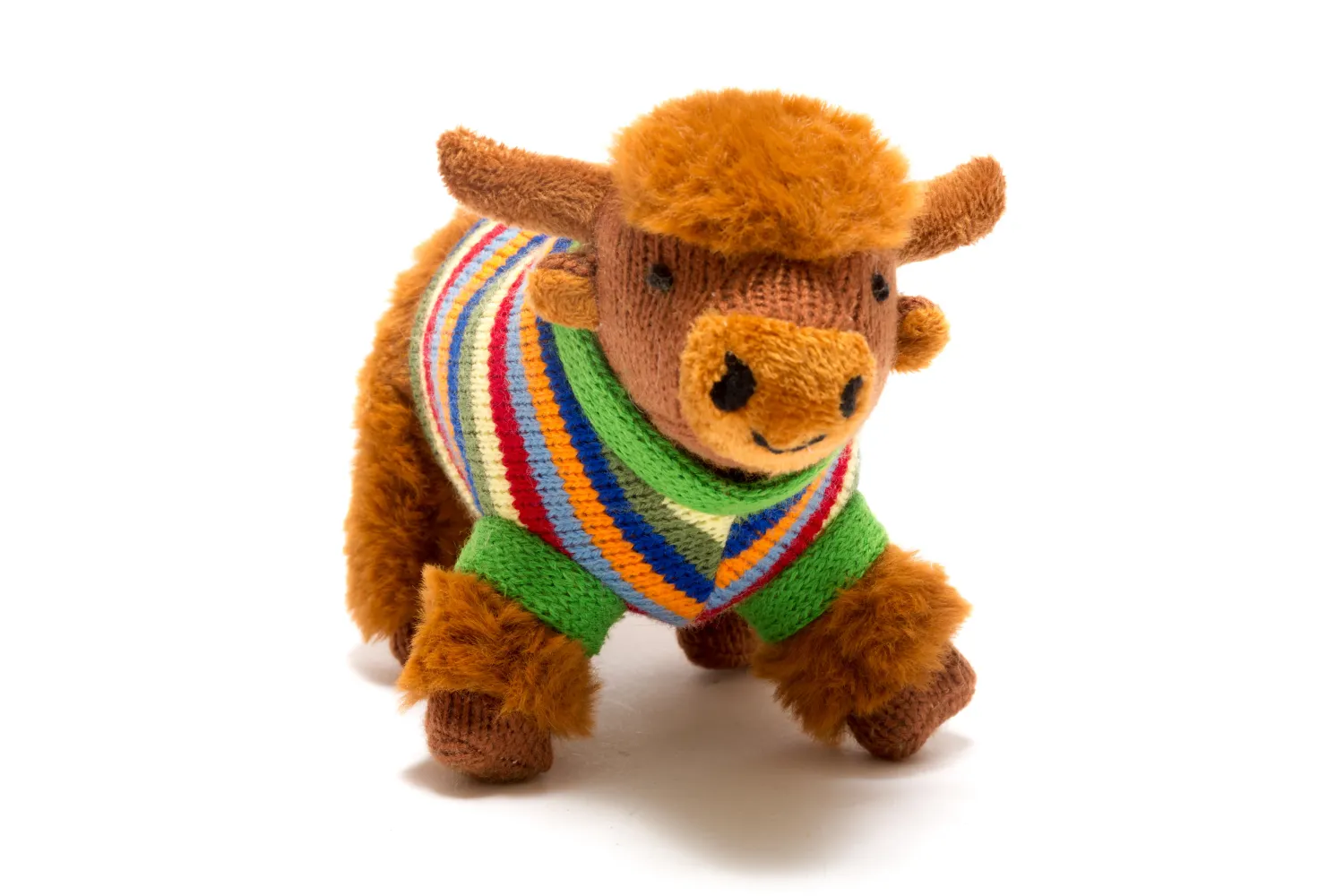 Knitted Highland Cow Baby Rattle With Striped Jumper